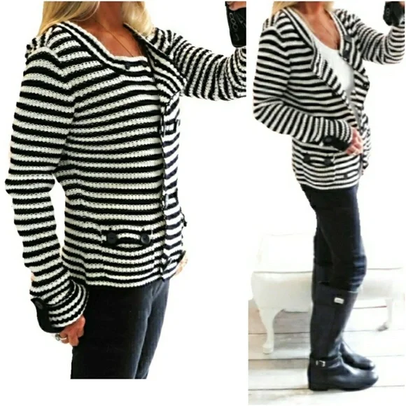 Talbots Womens Blk & White Stripe Knit Double Brested Casual Sweater Jacket Sz S - Picture 2 of 9